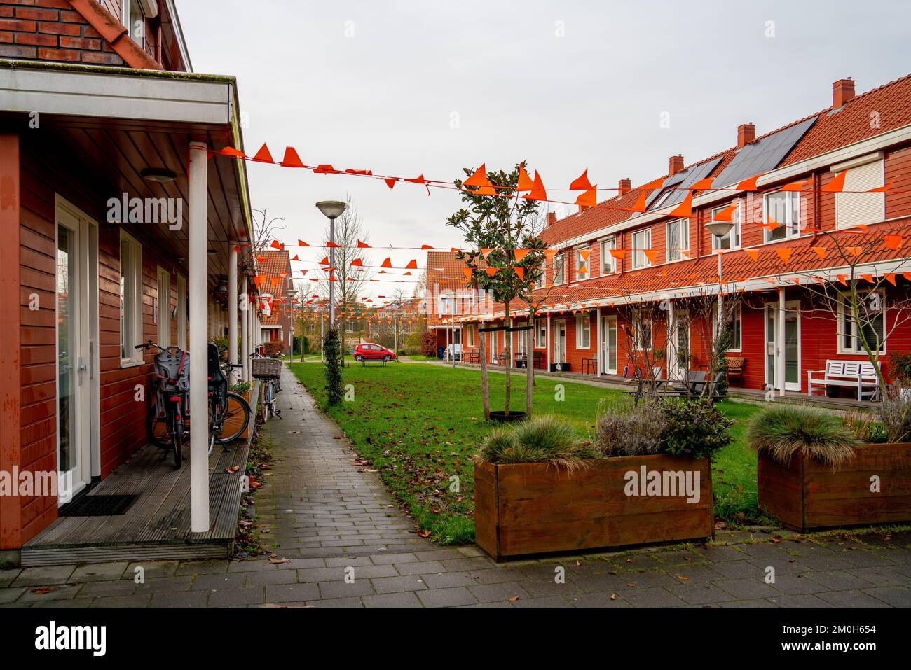Decorated street to support the Dutch national football team in the World Championship Stock Photo