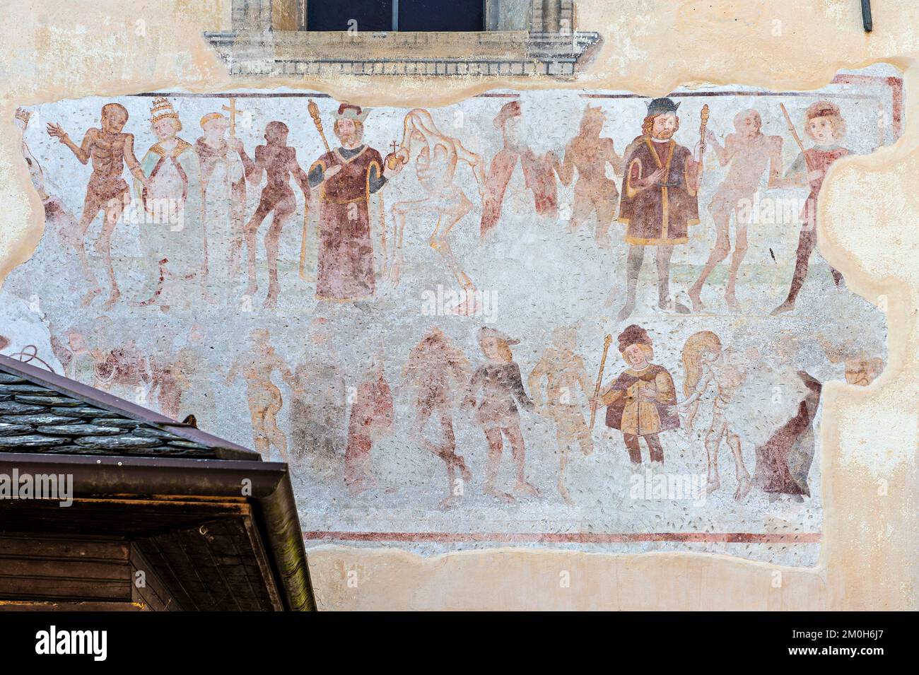 dance of death fresco outside st. bartolomeo church, cassiglio, italy Stock Photo