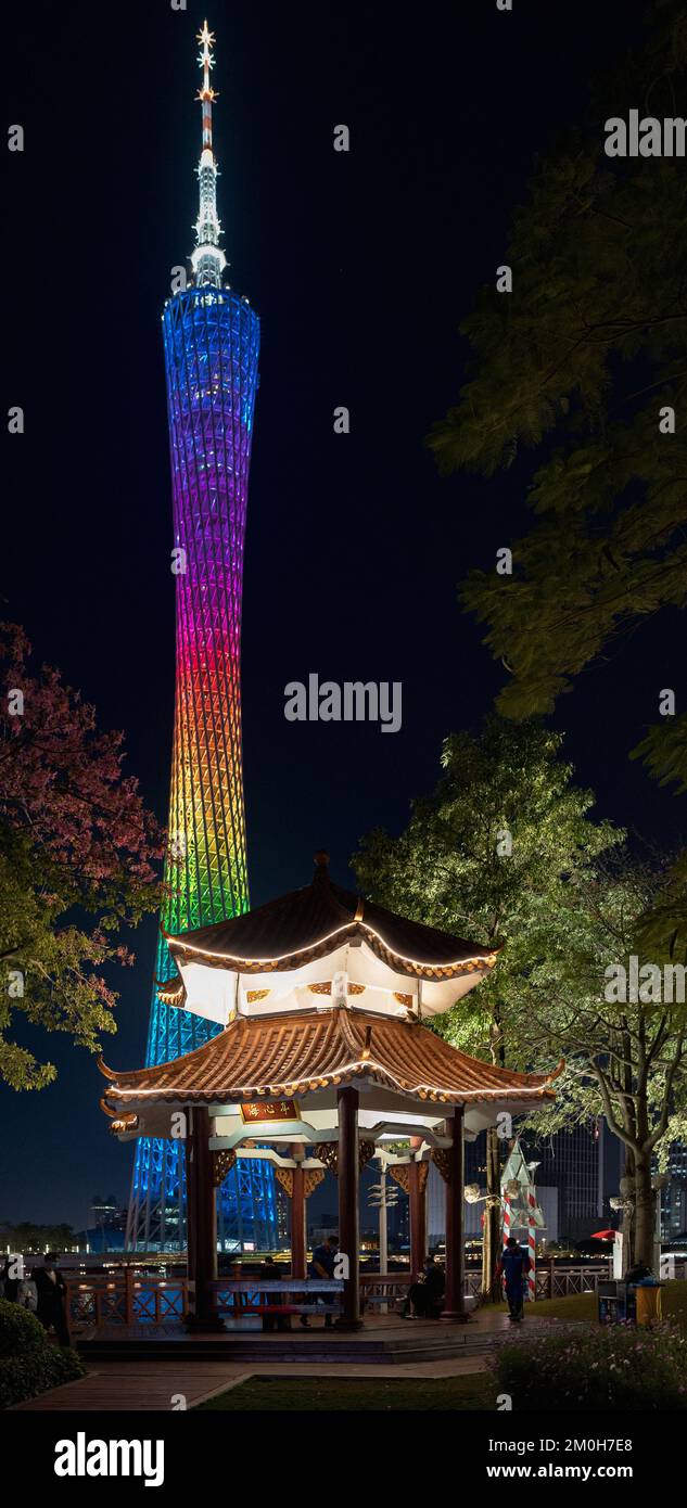 Canton Tower Guangzhou, night view, old and new style, China stock photo Old and new Chinese architecture Stock Photo