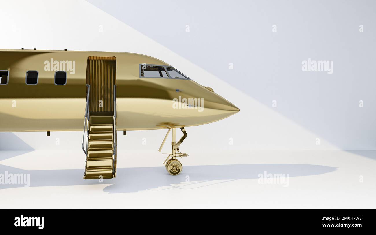 golden private jet with open staircase entrance. 3d rendering Stock Photo