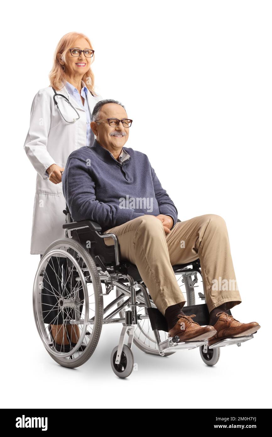 Female doctor standing behind a wheelchair with a mature male patient ...