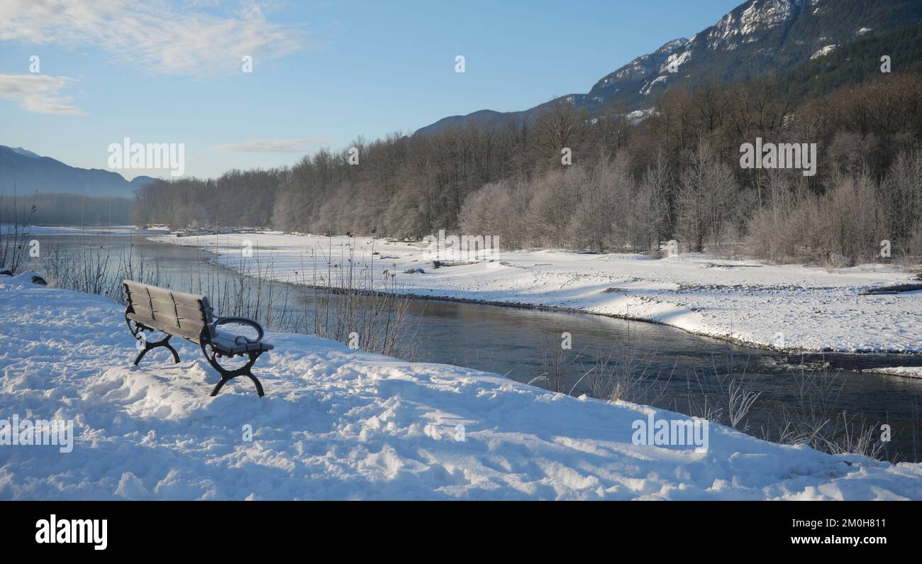 Winter landscape of the Eagle Run dike in Brackendale, Squamish, British Columbia, Canada Stock