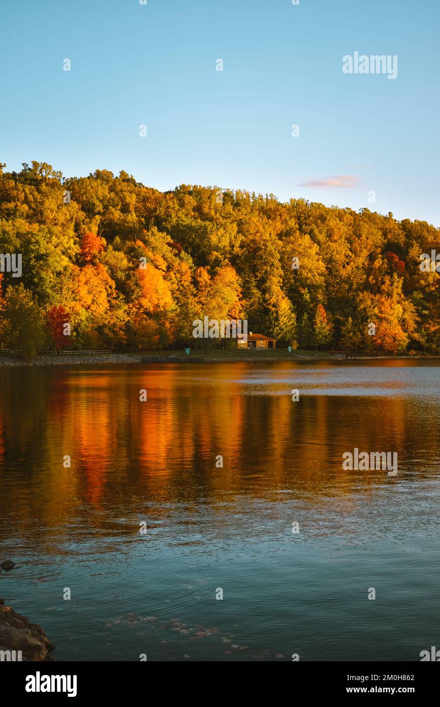 Autumn leaves surrounding Cheat Lake on a sunny day, West Virginia, USA Stock Photo