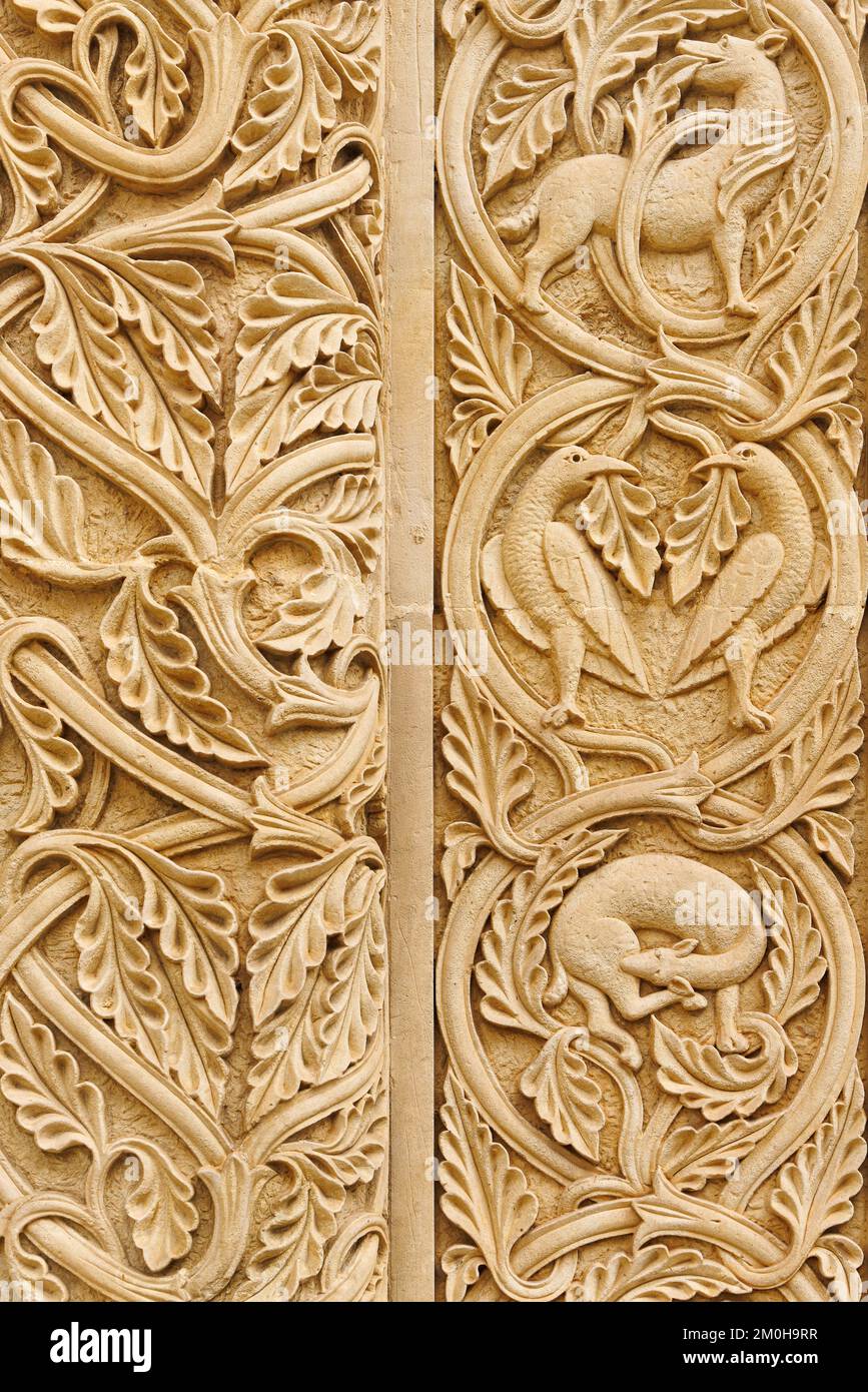 Italy, Apulia, Galatina, Basilica di Santa Caterina d'Alessandria, detail of the porch sculptures Stock Photo