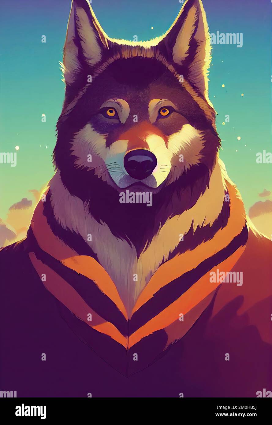 Mystical portrait headshot of cartoon grey wolf. North American land