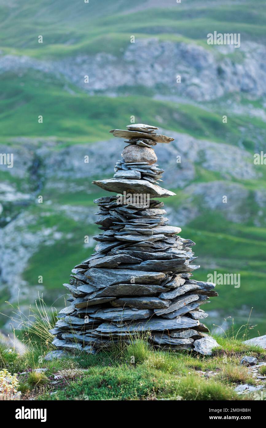 France, Alpes de Haute Provence, Mercantour National Park, Ubaye Valley, Jausiers, road to the Restefond (2680m) and Bonette (2715m) passes, cairns Stock Photo