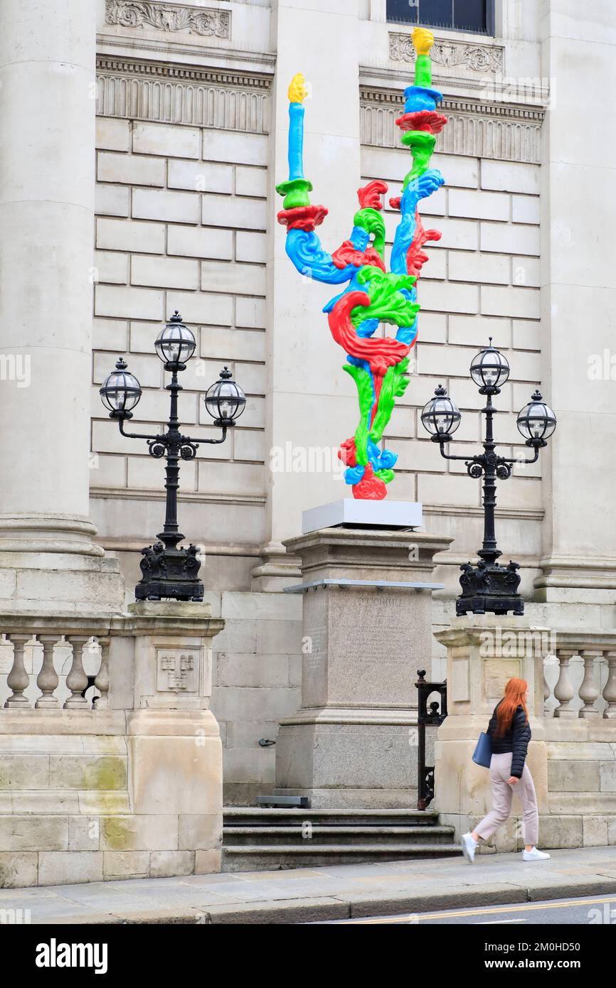 Ireland, Leinster province, Dublin, City Hall designed by architect Thomas Cooley and built in 1779, contemporary sculpture titled RGB Sconce, Hold Your Nose created by artist Alan Phelan Stock Photo