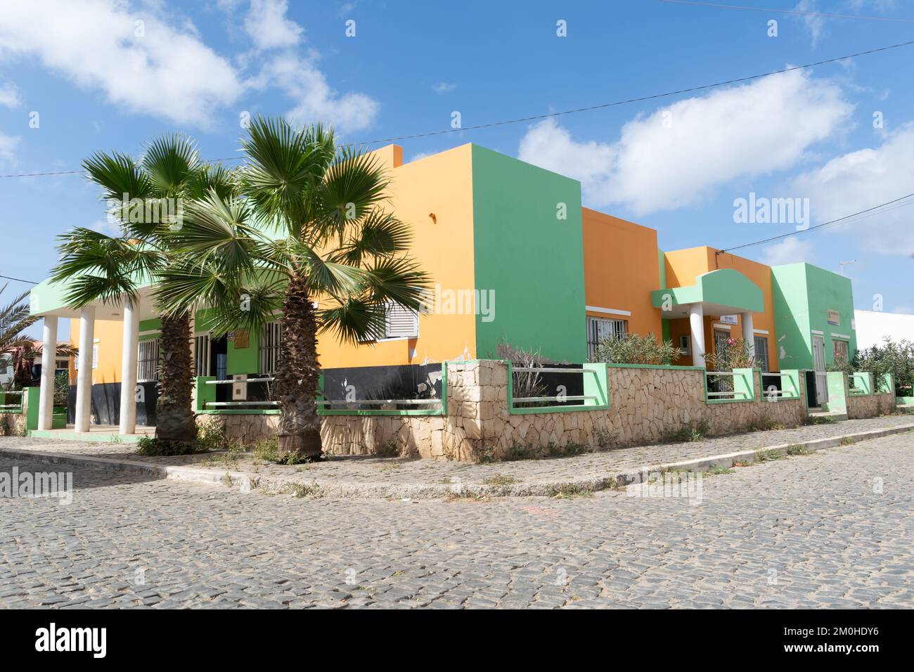 Palmeira, Sal, Cape Verde. Colourful houses and shops of fishing town and port. Stock Photo