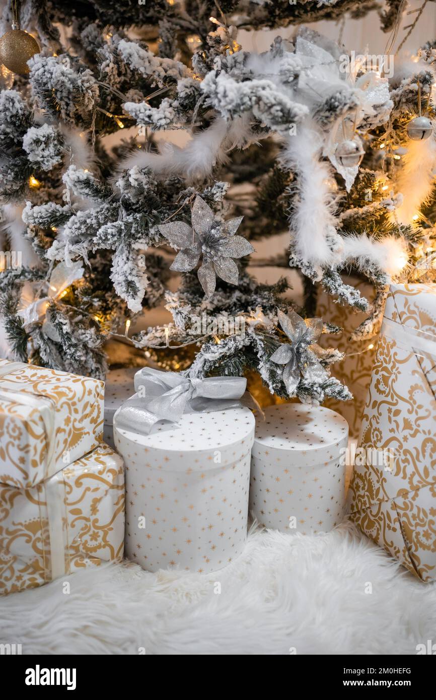 Beautiful Christmas gift boxes on floor near fir tree in room Stock ...
