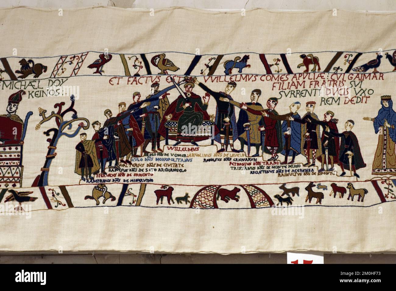 France, Manche, Cotentin, Pirou, Pirou castle, fortified castle dated 12th century, Pirou tapestry, Guillaume Bras de Fer is crowned Count of Puglia, 12 lords become his vassals Stock Photo
