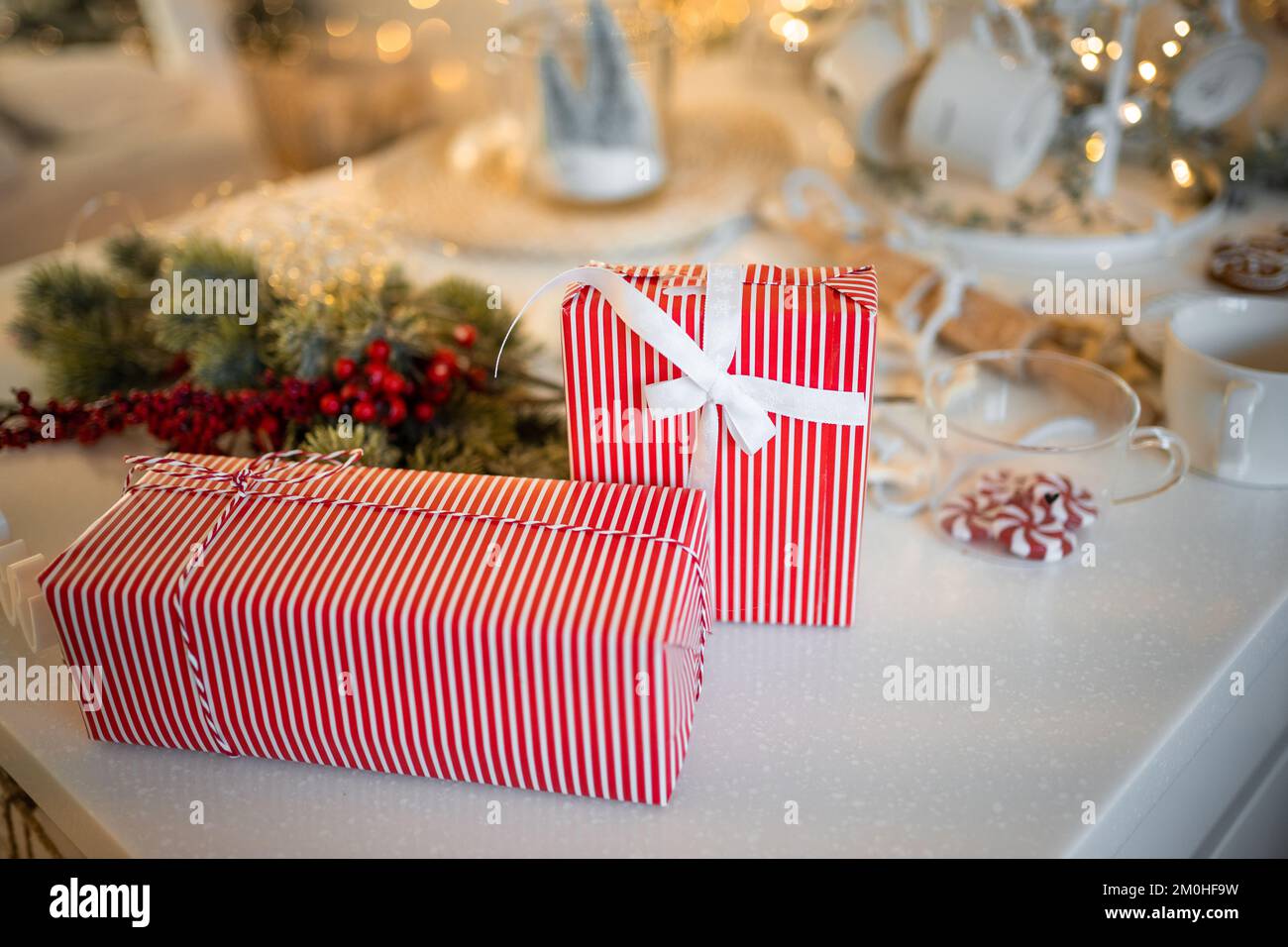 Red luxury New Year gift. Christmas gift. Happy New Year 2023