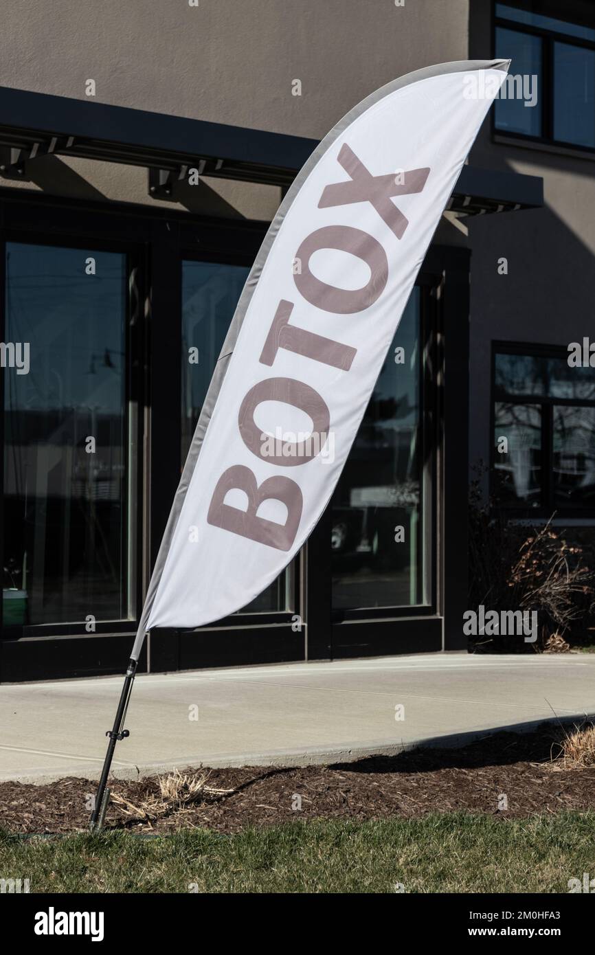 Indianapolis - Circa December 2022: BOTOX sign at a medical office. Botox offers relief from facial wrinkles, migraine headaches and muscle spasms. Stock Photo