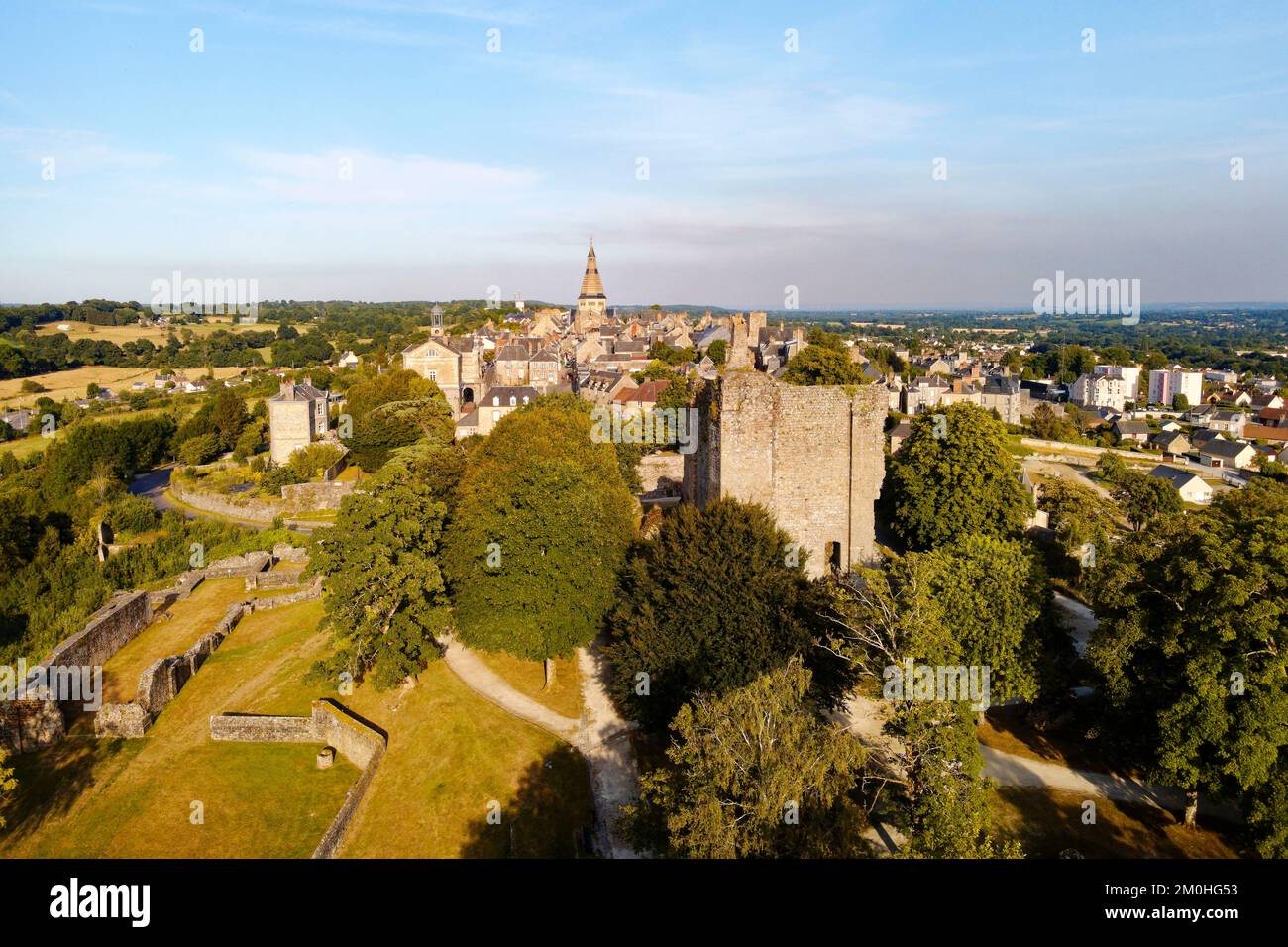 France, Orne, village of Domfront with the ruins of the castle and its