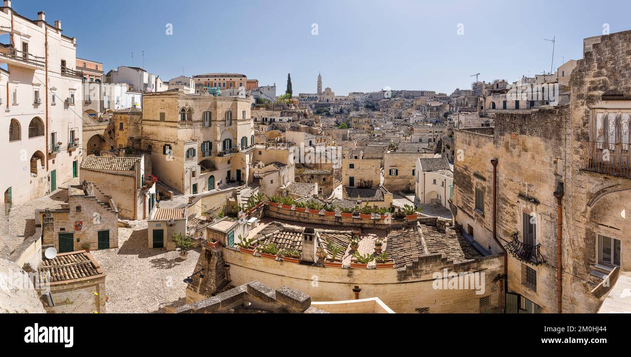Italy, Basilicata, Matera, The Sassi and the park of the rupestrian churches listed as World Heritage by UNESCO, Sasso Barisano Stock Photo