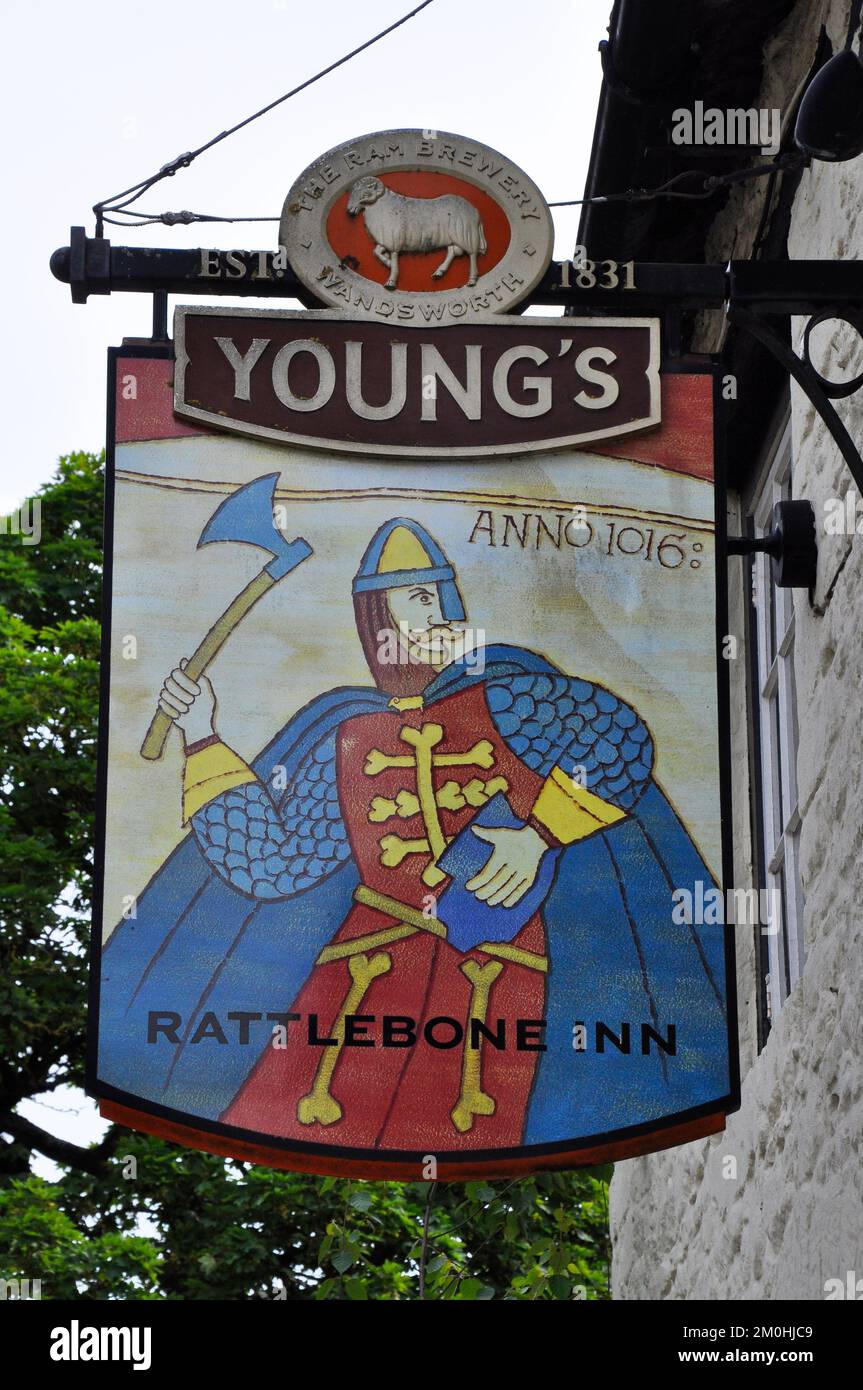 The sign of the Rattlebone Inn in Sherston depicts John Rattlebone a local hero who in 1016 fought for Edmund Ironside against the invading Danes led Stock Photo