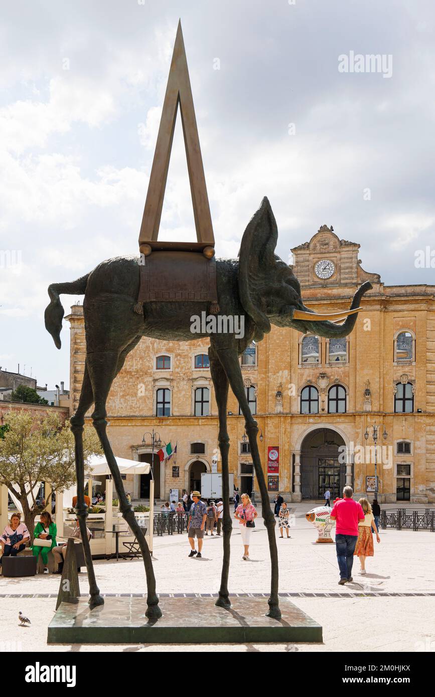 Italy, Basilicata, Matera, The Sassi and the park of the rupestrian churches listed as World Heritage by UNESCO, Piazza Vittorio Veneto, The Space Elephant Salvador Dali sculpture Stock Photo