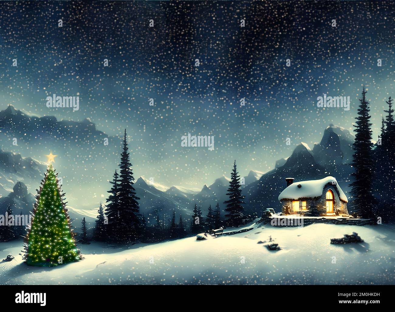 Mountain landscape at Christmas time - digital illustration Stock Photo