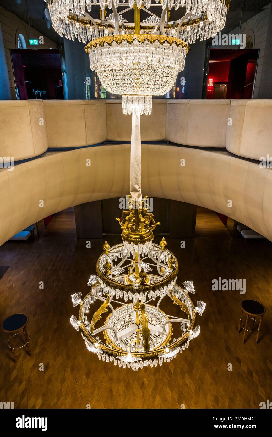 Switzerland, Basel, the concert hall Stadtcasino Basel restructured by architects Herzog and de Meuron, the big chandelier Stock Photo