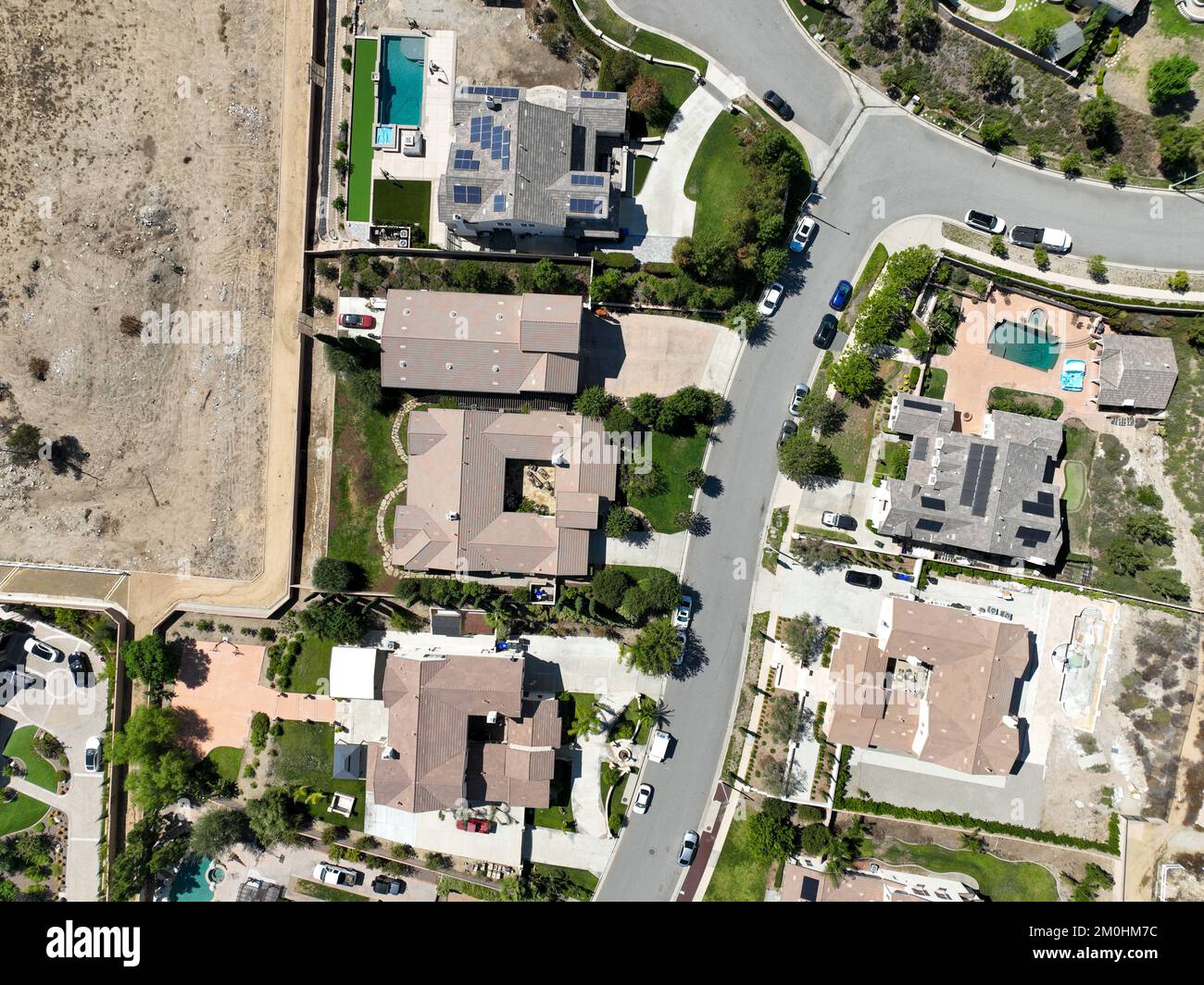 Aerial top view of big villas with pools in Rancho Cucamonga, in San