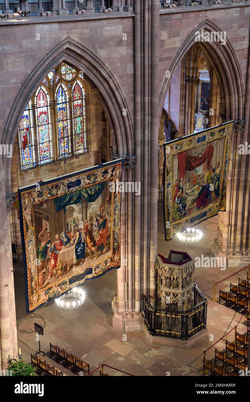France, Bas Rhin, Strasbourg, old town listed as World Heritage by UNESCO, Notre Dame Cathedral, the Scenes from the Life of the Virgin made at the request of Richelieu are a series of fourteen tapestries hung in the nave during the Advent period Stock Photo