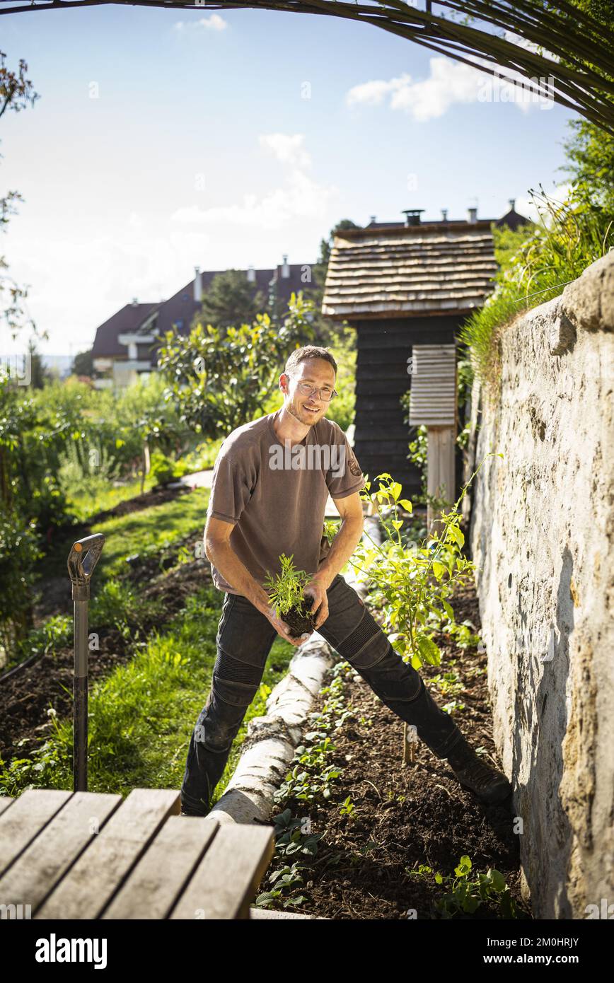 France, Haute Savoie, Annecy le Vieux, Le Clos des Sens gastronomic restaurant, chef Laurent Petit, with Lionel Perron, gardner Stock Photo