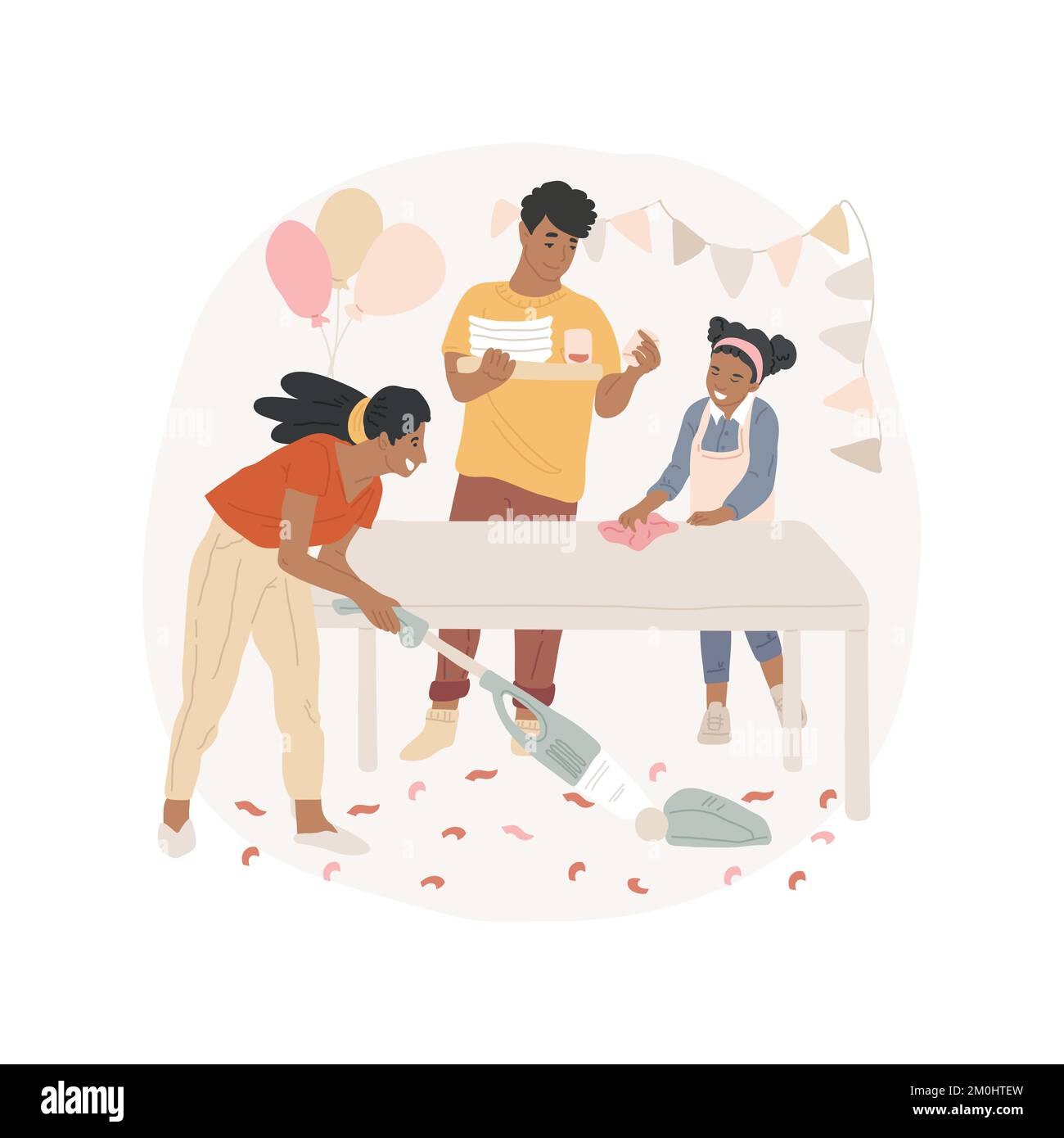 When the party is over isolated cartoon vector illustration. After home party, family members tidy up mess together, celebration is over, clean the table, vacuuming the floor vector cartoon. Stock Vector