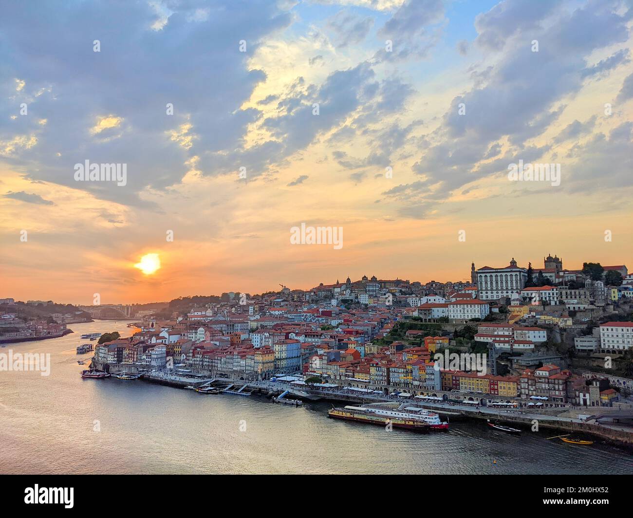 Scenic view of sunset Porto with colorful sky from and Douro river Gaia, Portugal Stock Photo