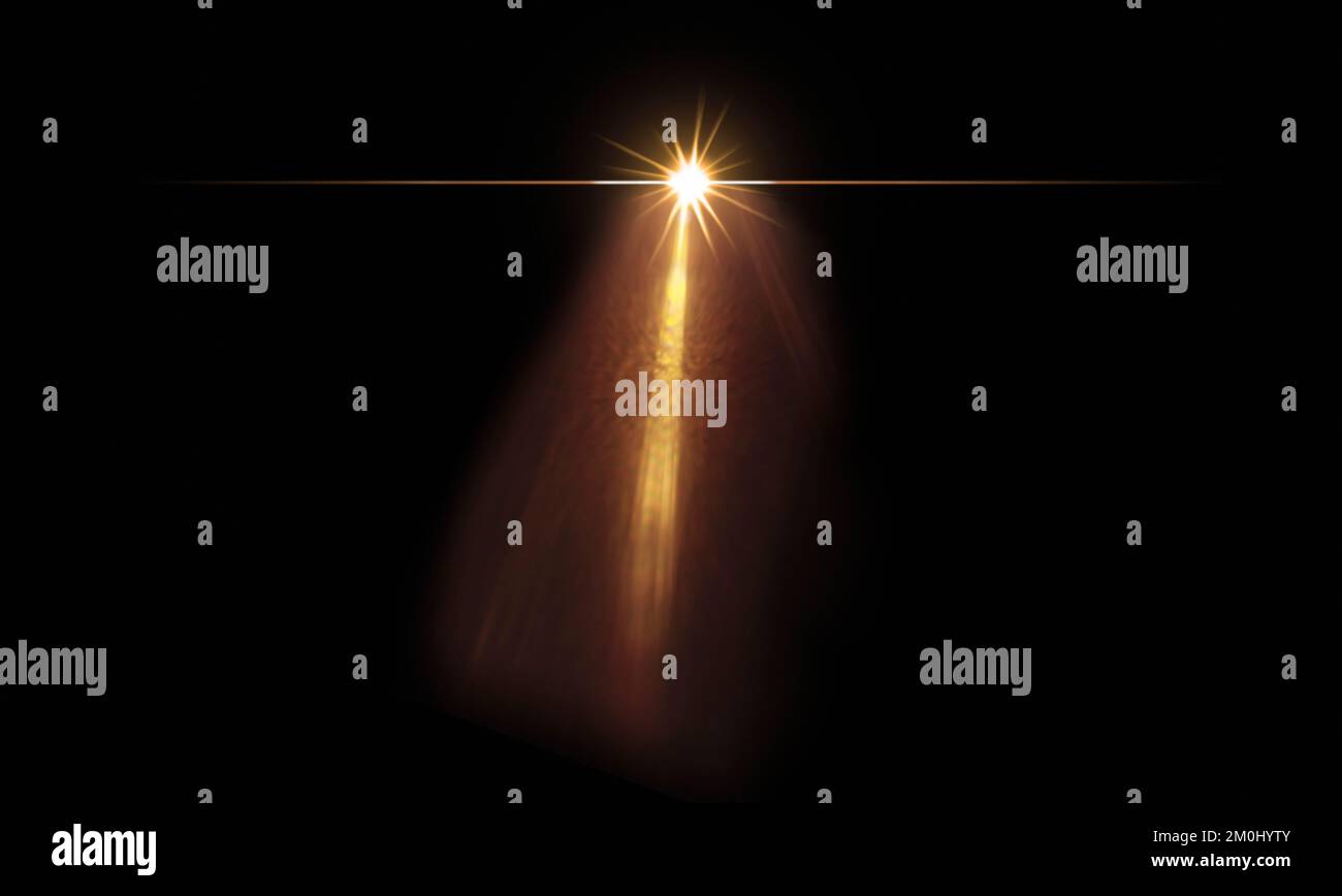 Star with tail - comet - lens flare in front of black background. Works well as an overlay for Christmas motifs. Stock Photo
