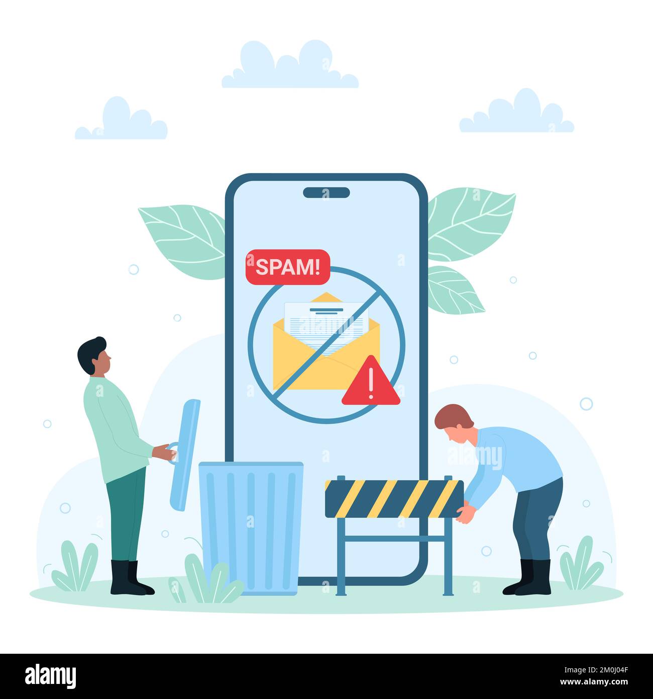 Email spam vector illustration. Cartoon tiny people clean mobile phone