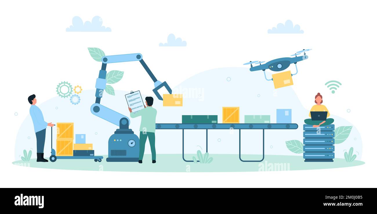 Automation of factory warehouse vector illustration. Cartoon tiny people and robot arms unload and load boxes with goods to industrial conveyor belt, employees and machines work in storehouse Stock Vector