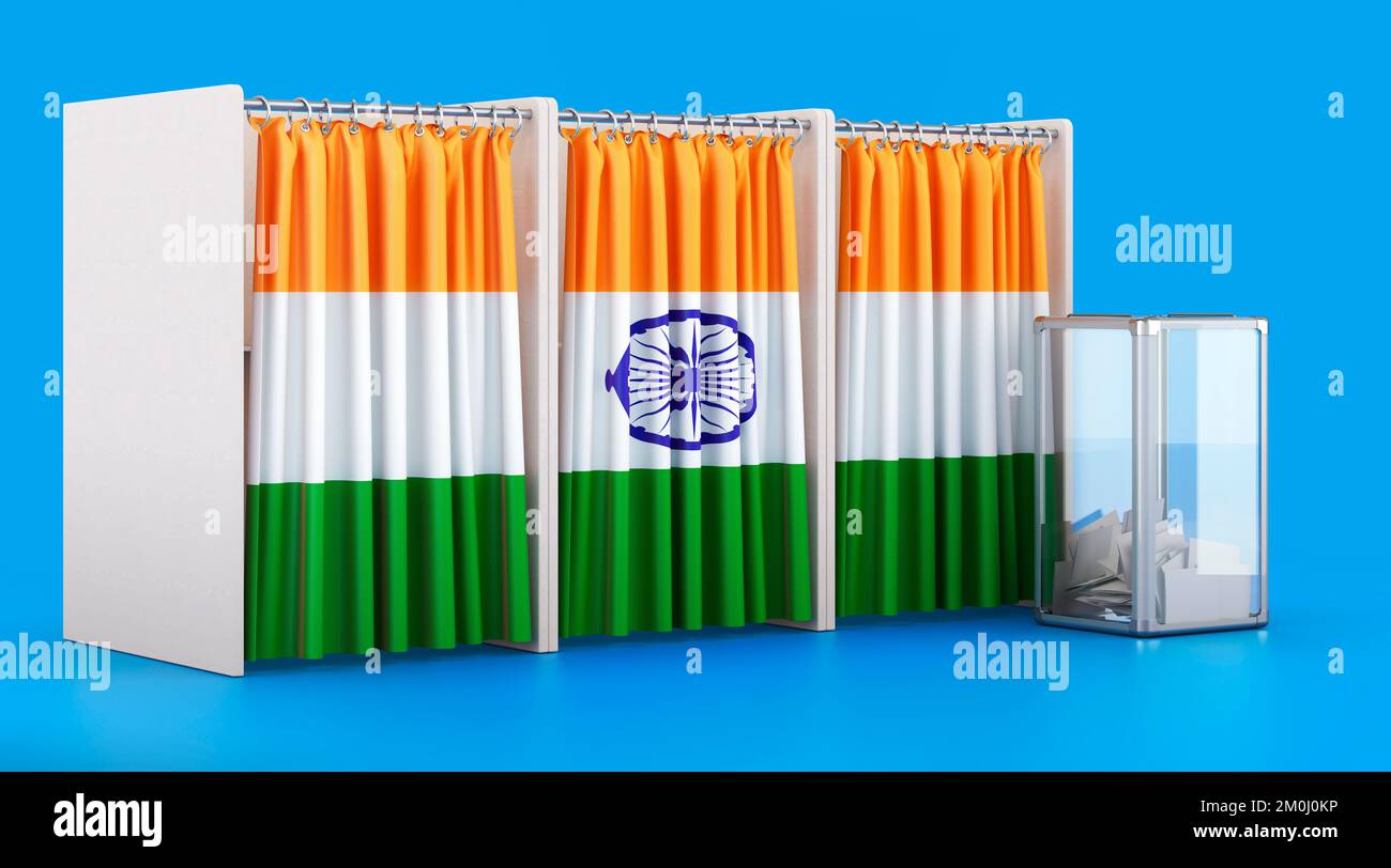 Voting booths with Indian flag and ballot box. Election in India, concept. 3D rendering isolated on blue background Stock Photo