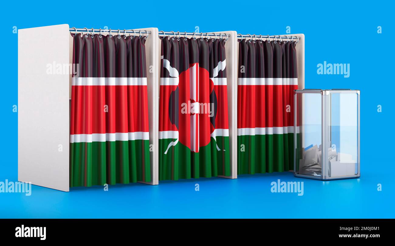 Voting booths with Kenyan flag and ballot box. Election in Kenya