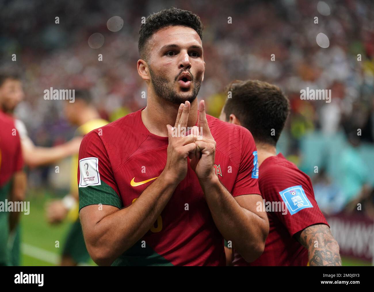 Portugal's Goncalo Ramos celebrates scoring their side's first goal of the game during the FIFA World Cup Round of Sixteen match at the Lusail Stadium in Lusail, Qatar. Picture date: Tuesday December 6, 2022. Stock Photo