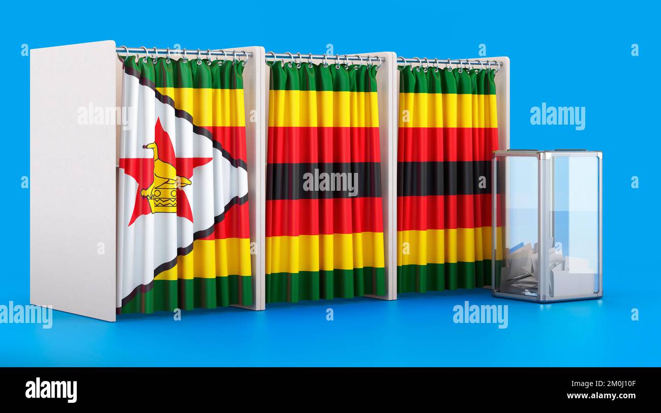 Voting booths with Zimbabwean flag and ballot box. Election in Zimbabwe