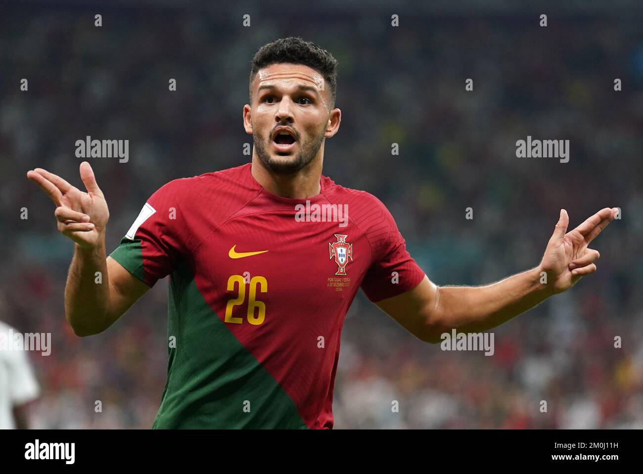 Portugal's Goncalo Ramos celebrates scoring their side's first goal of the game during the FIFA World Cup Round of Sixteen match at the Lusail Stadium in Lusail, Qatar. Picture date: Tuesday December 6, 2022. Stock Photo
