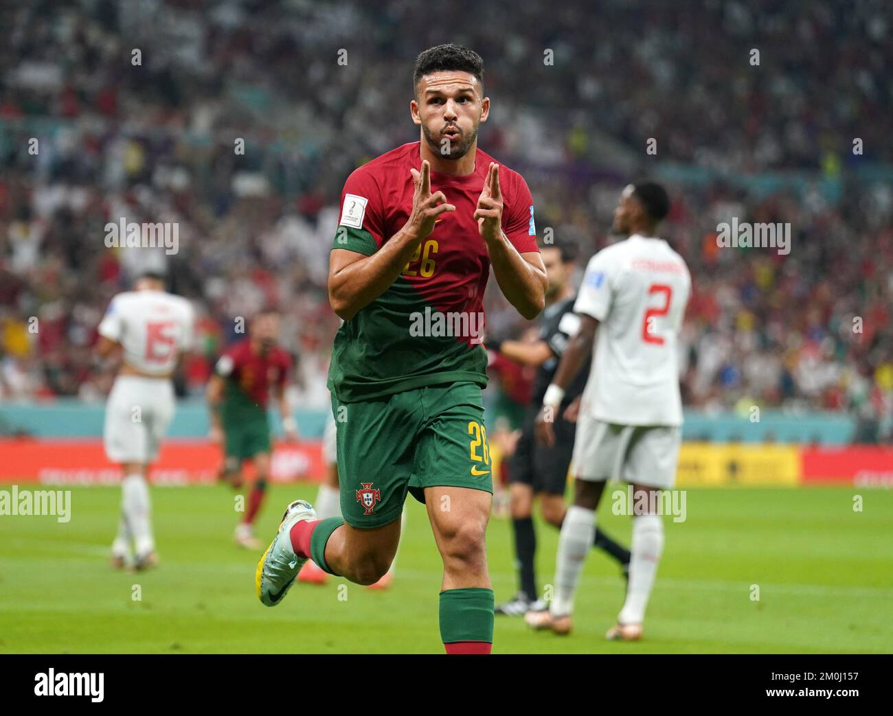 Portugal's Goncalo Ramos celebrates scoring their side's first goal of the game during the FIFA World Cup Round of Sixteen match at the Lusail Stadium in Lusail, Qatar. Picture date: Tuesday December 6, 2022. Stock Photo