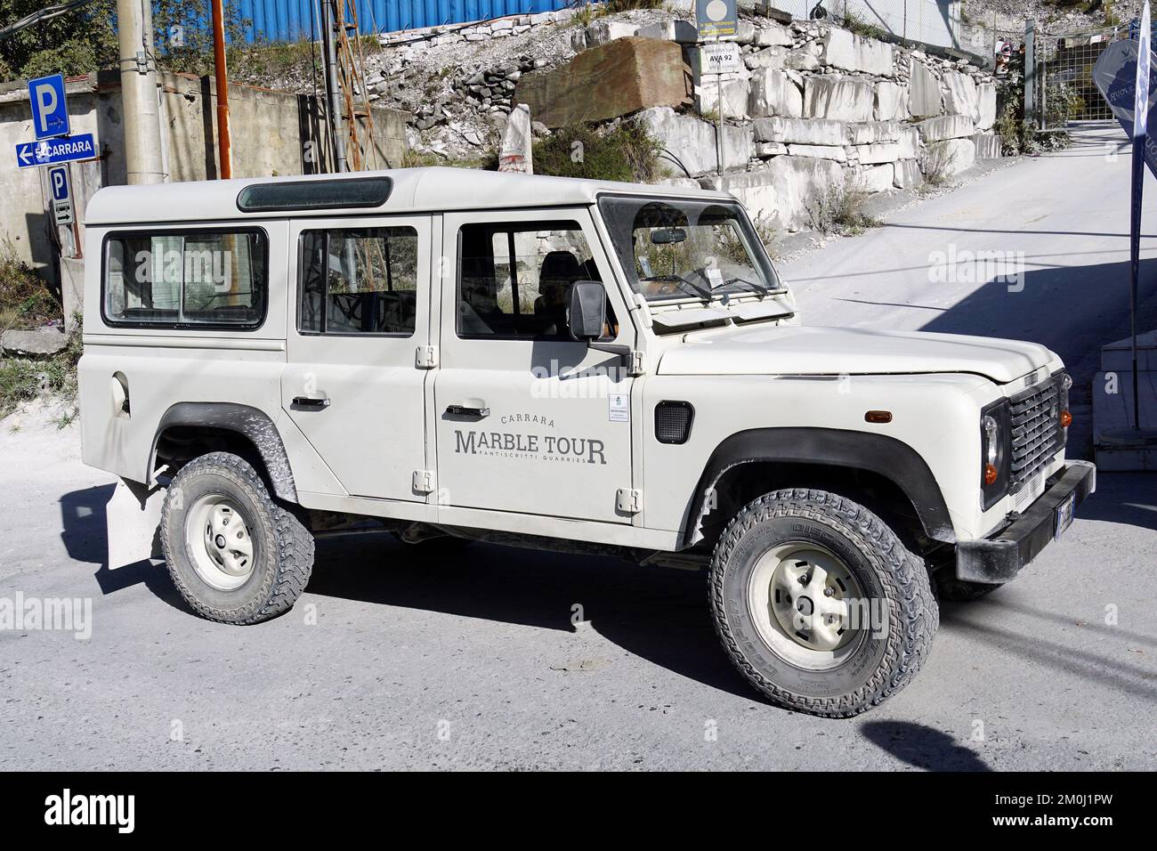 Land Rover Defender offroad vehicle, Marble quarry, Carrara, Tuscany
