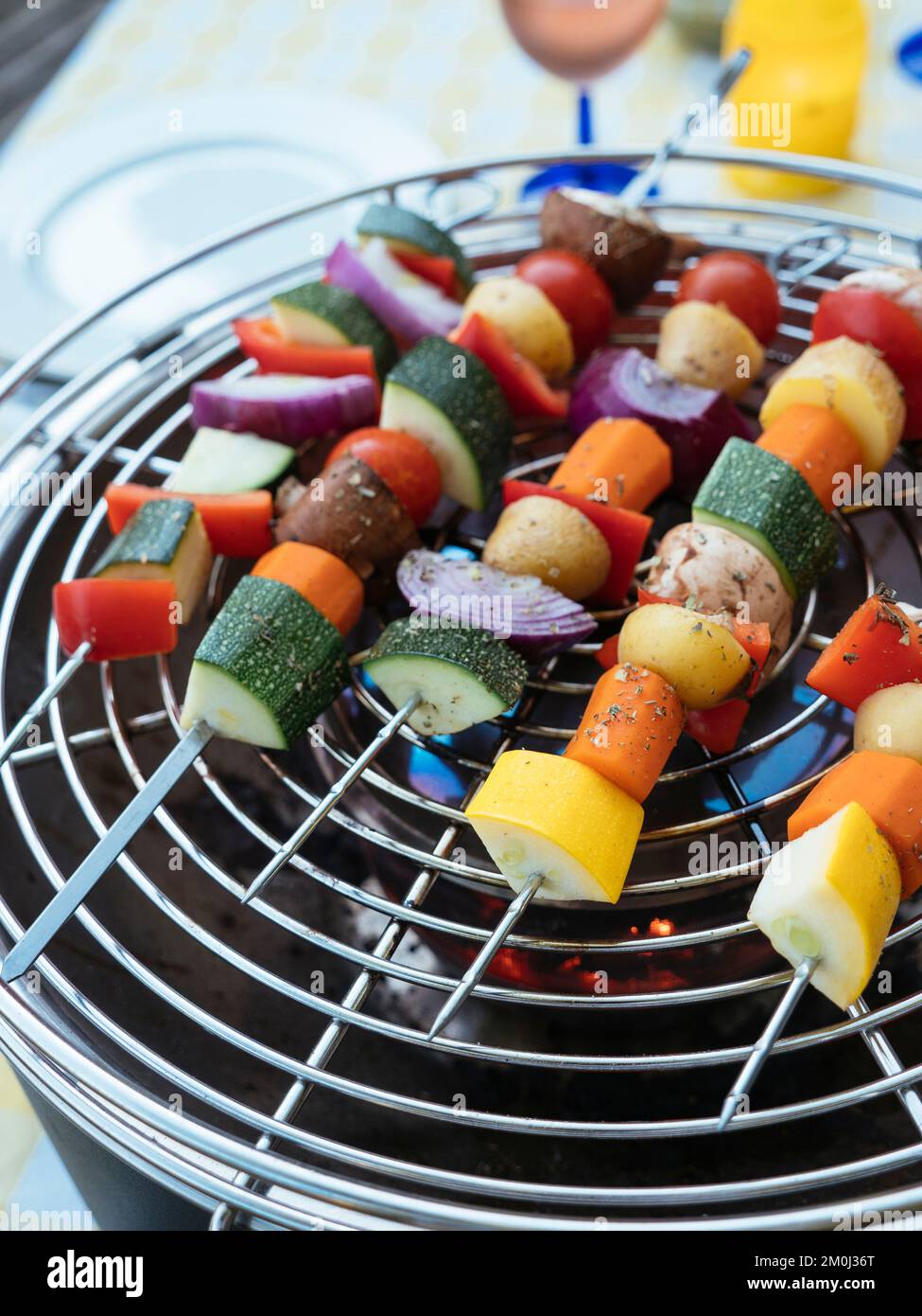 Skewers with mixed vegetables (zucchini, potato, carrot, bell pepper