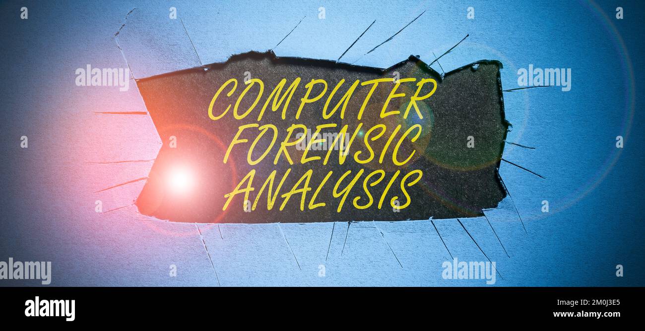 Conceptual caption Computer Forensic Analysis. Business showcase evidence found in computers and storage media Stock Photo