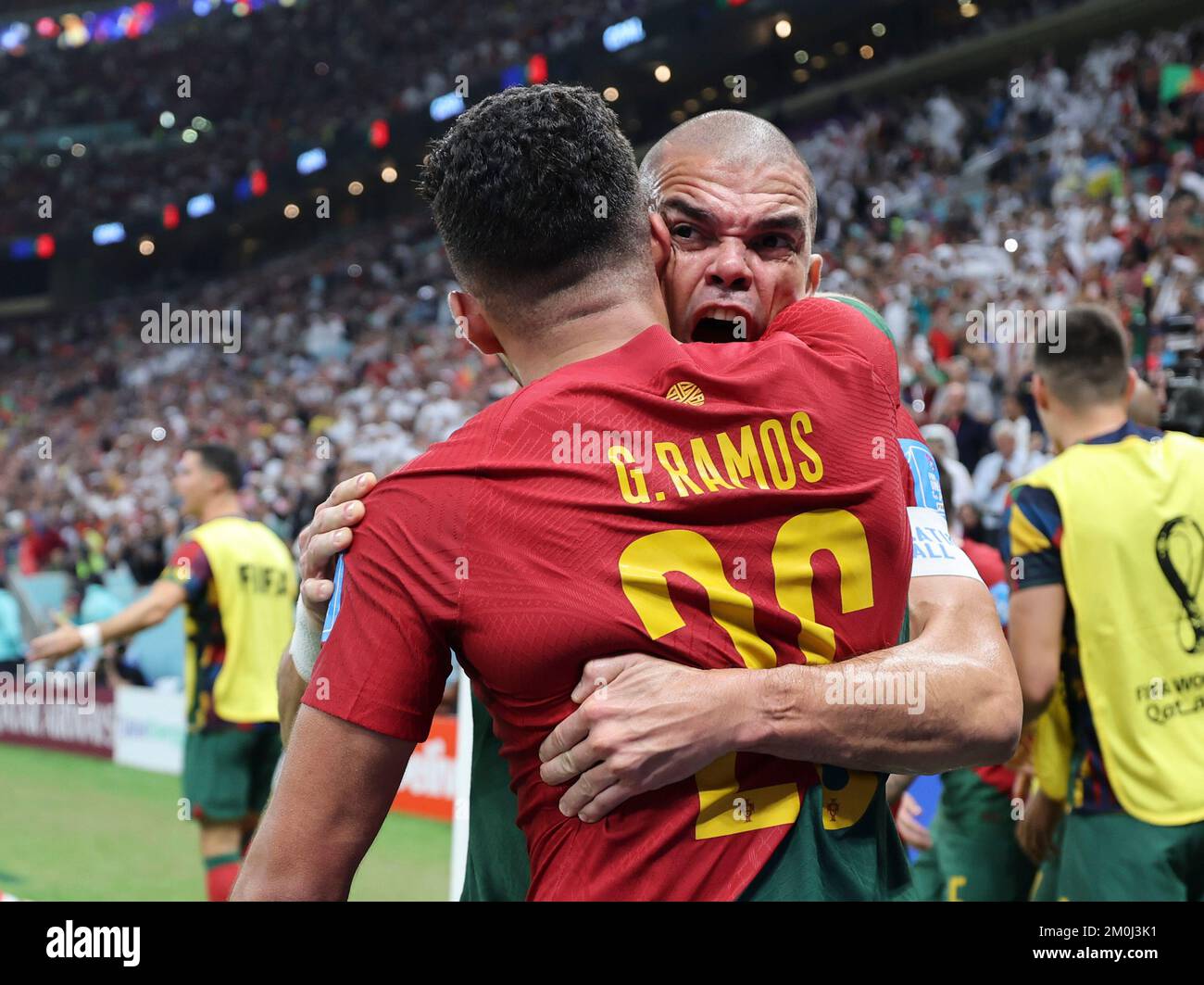 Lusail, Qatar. 6th Dec, 2022. Goncalo Ramos (L) of Portugal celebrates his  goal with teammate Pepe during the Round of 16 match between Portugal and  Switzerland of the 2022 FIFA World Cup
