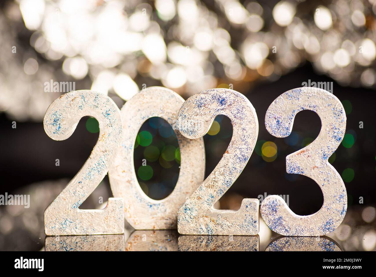 2023 New Year background with Christmas and winter festive holiday lights and ornaments ornaments Stock Photo