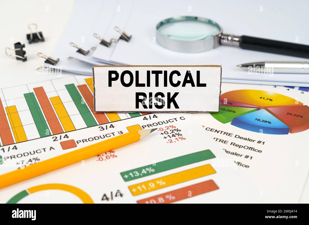 Business concept. On the business charts lies a magnifying glass, a pen ...
