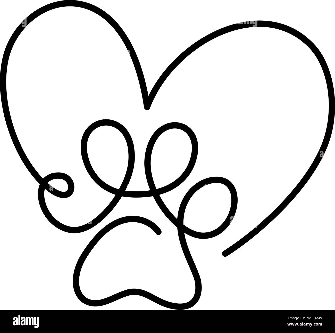 Heart with cat or dog paw cat footprint in continuous one line drawing ...