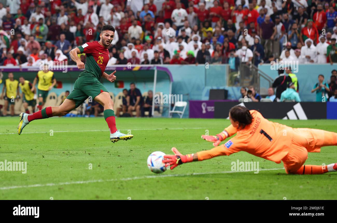 Doha, Qatar, 6th December 2022. Concalo Ramos of Portugal produces. Save from Yann Sommer of Switzerland  during the FIFA World Cup 2022 match at Lusail Stadium, Doha. Picture credit should read: David Klein / Sportimage Stock Photo