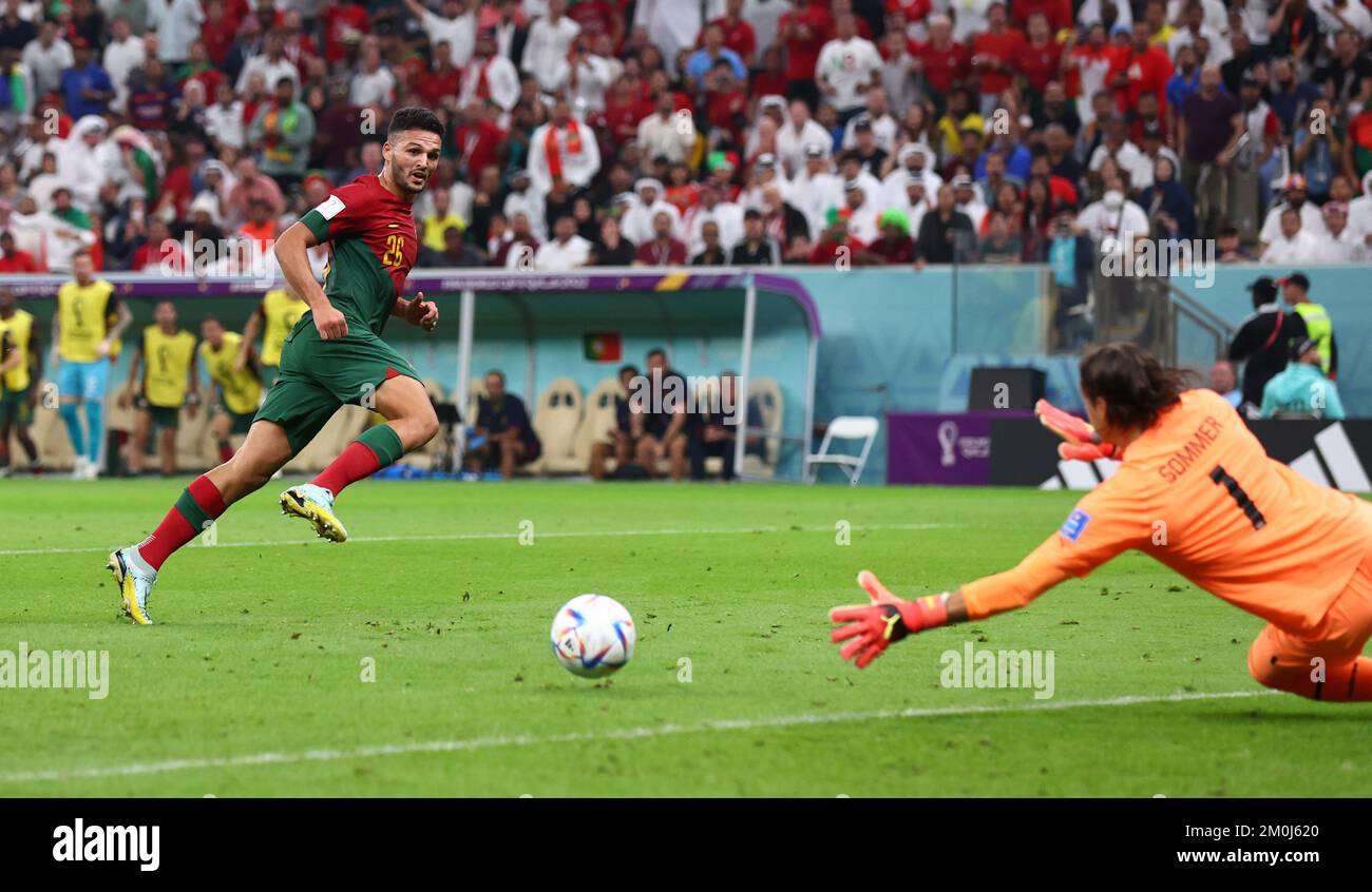 Doha, Qatar, 6th December 2022. Concalo Ramos of Portugal produces. Save from Yann Sommer of Switzerland  during the FIFA World Cup 2022 match at Lusail Stadium, Doha. Picture credit should read: David Klein / Sportimage Stock Photo