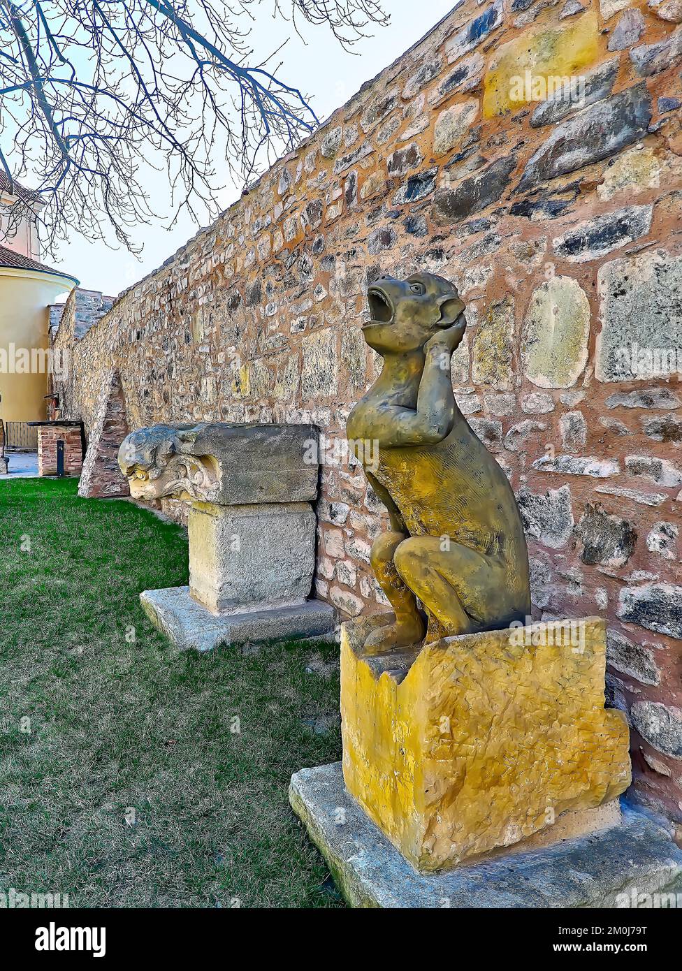The courtyard of St Bartholomew Parish Church with preserved sculptures of gargoyles against the old stone wall, Kolin, Czech Republic Stock Photo