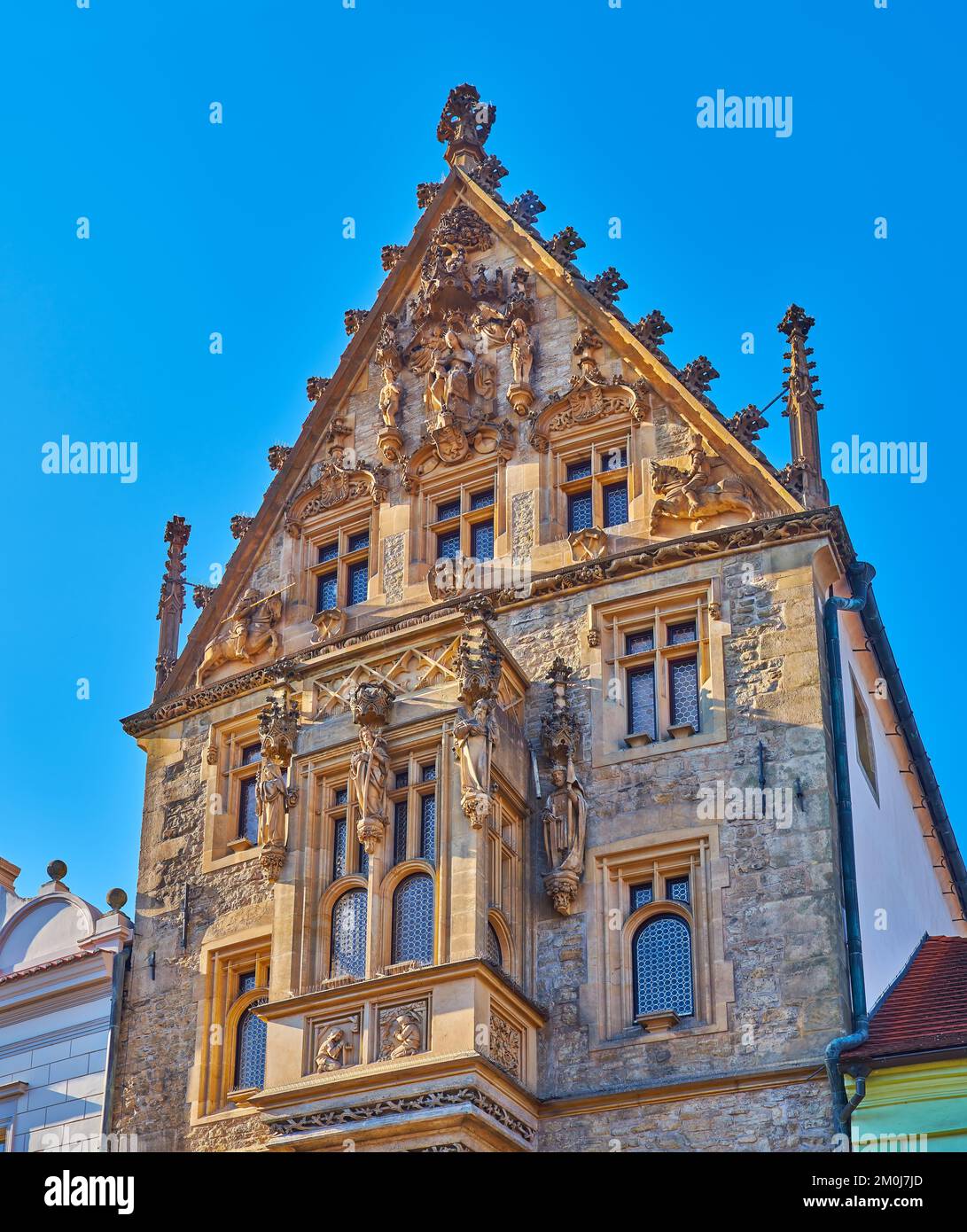 The Gothic gable roof of the medieval Stone House in old town of Kutna Hora, Czech Republic Stock Photo