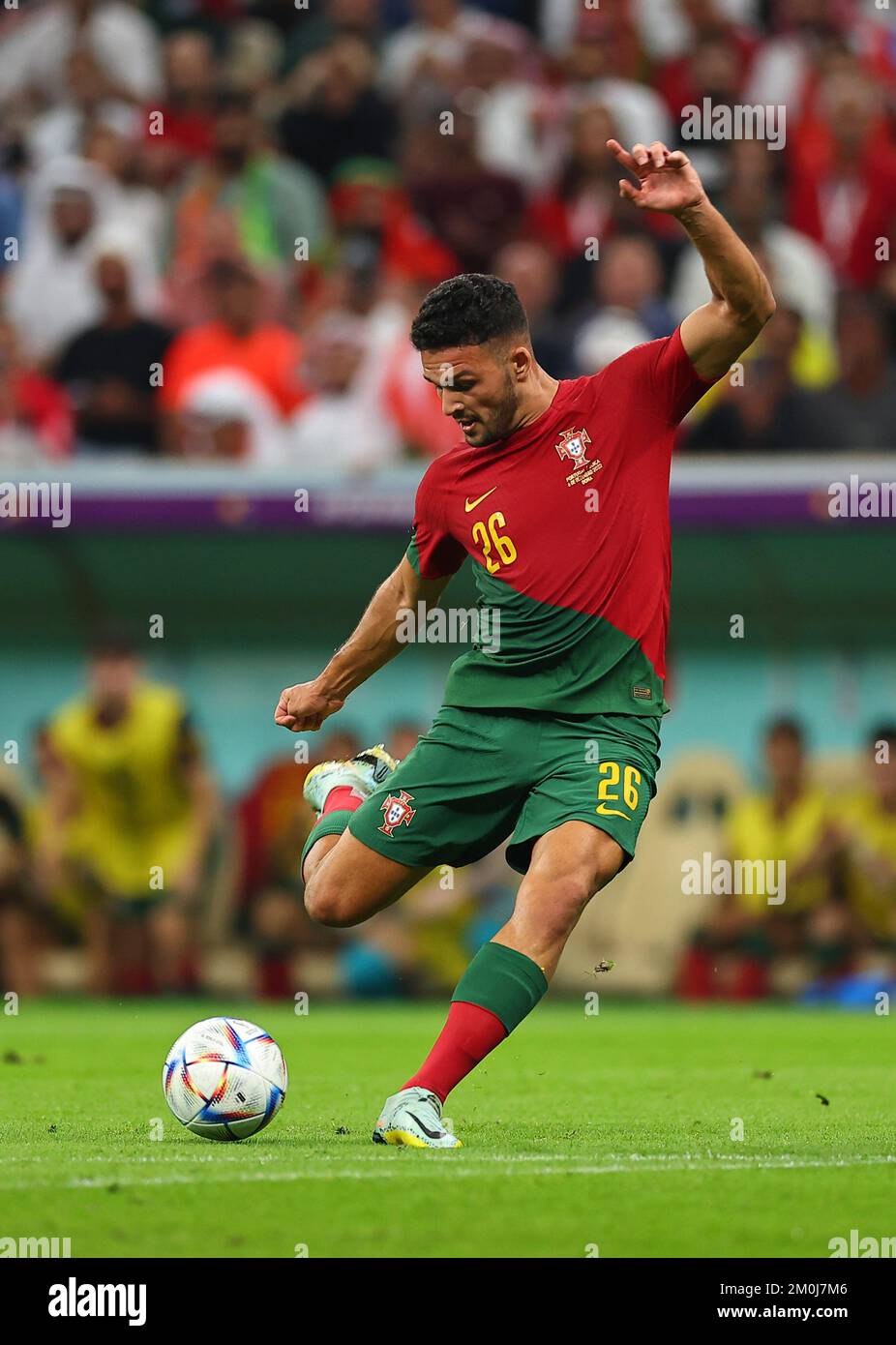 Lusail, Qatar. 6th Dec, 2022. Goncalo Ramos of Portugal shoots during the Round of 16 match between Portugal and Switzerland of the 2022 FIFA World Cup at Lusail Stadium in Lusail, Qatar, Dec. 6, 2022. Credit: Ding Xu/Xinhua/Alamy Live News Stock Photo