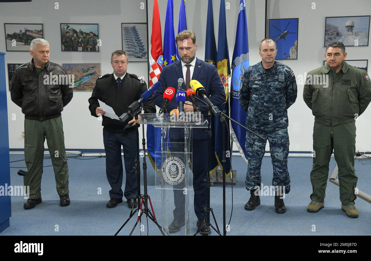 Minister of Defence of Croatia Mario Banozic speaks to the media at 'Pk Marko Živković' Barracks at Pleso Airport on the occasion of the crash of the HRZ MiG-21 plane, i nZagreb, Croatia, on December 6, 2022. A two-seater MIG-21 plane crashed during a military drill on Tuesday in an uninhabited forest area of Slatina in northeastern Croatia but both pilots were rescued. Josip Regovic/PIXSELL Stock Photo