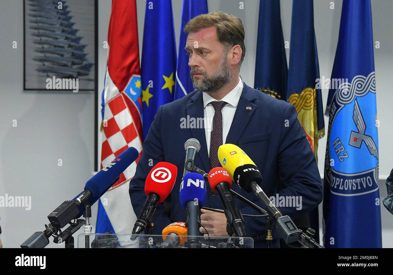 Minister of Defence of Croatia Mario Banozic speaks to the media at 'Pk Marko Živković' Barracks at Pleso Airport on the occasion of the crash of the HRZ MiG-21 plane, i nZagreb, Croatia, on December 6, 2022. A two-seater MIG-21 plane crashed during a military drill on Tuesday in an uninhabited forest area of Slatina in northeastern Croatia but both pilots were rescued. Josip Regovic/PIXSELL Stock Photo
